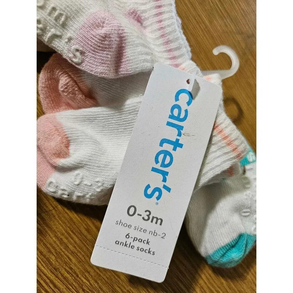 Carter's Baby Girls Non-Slip Ankle Socks 6-Pack 0-3 Months NWT Grip Sole